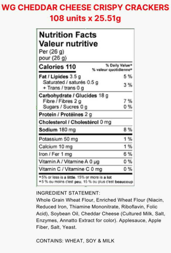 Whole Grain Crackers 108x25g Cheddar